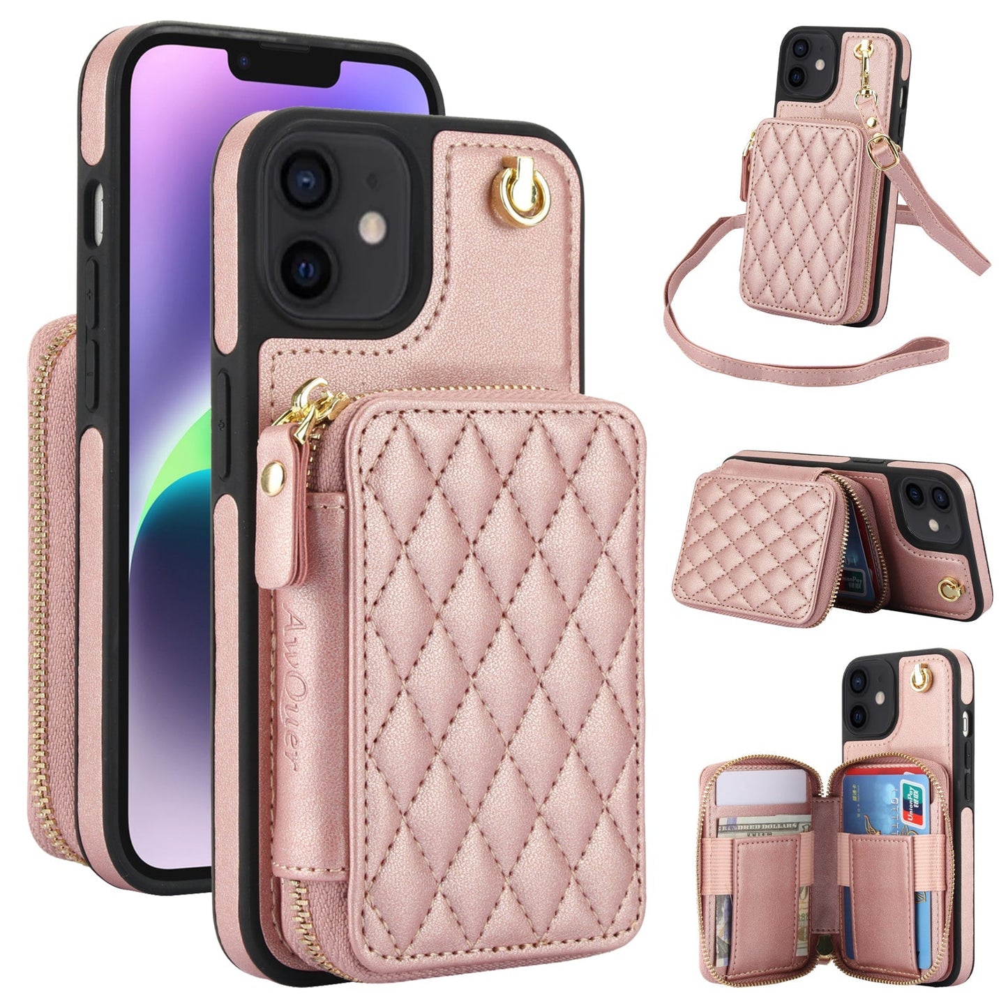 New RFID Blocking Crossbody Zipper Wallet Leather Phone Case for iPhone 12/12 Pro/12 Mini/12 Pro Max