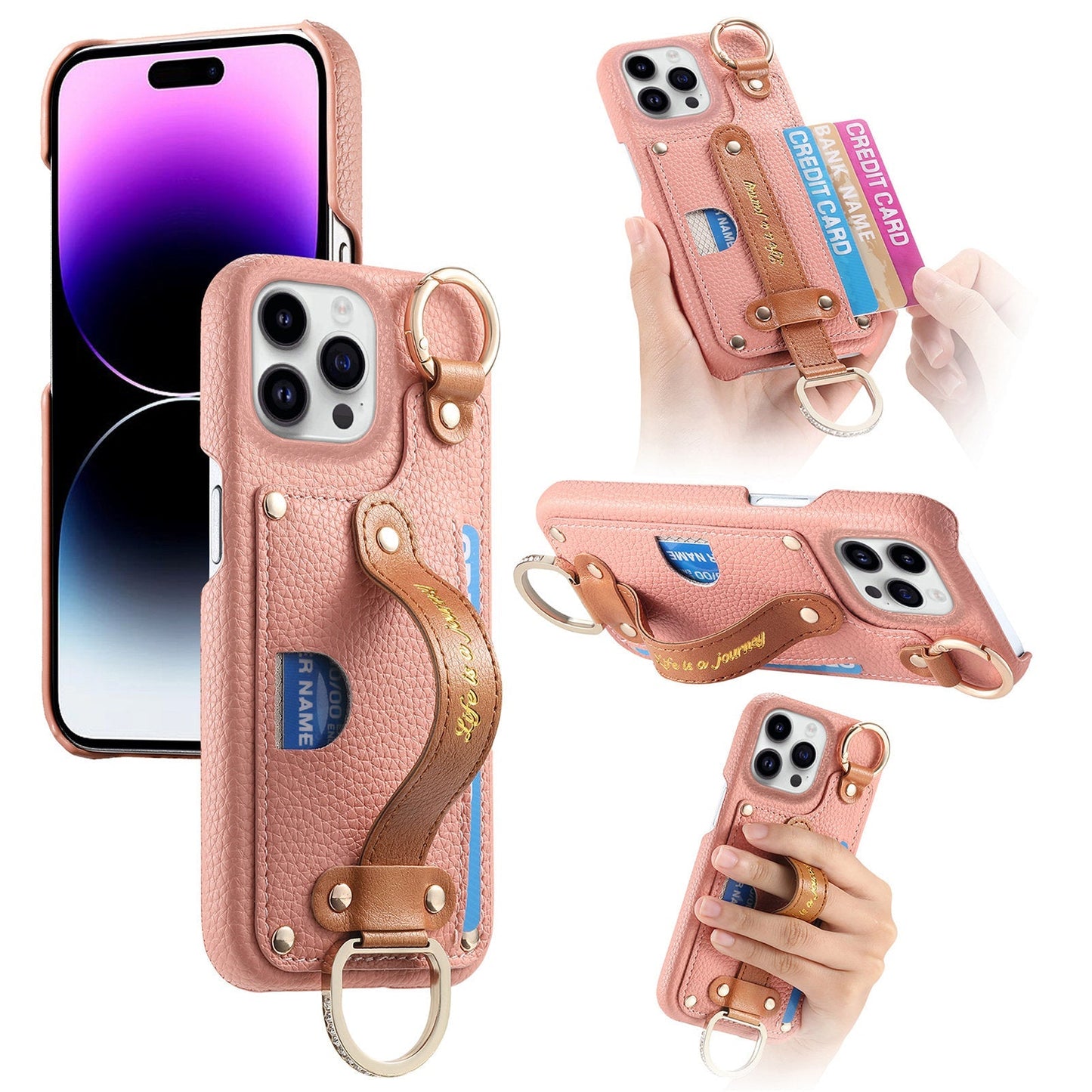 New Litchi Pattern Wristband Ring RFID Blocking Card Holder Phone Case for iPhone