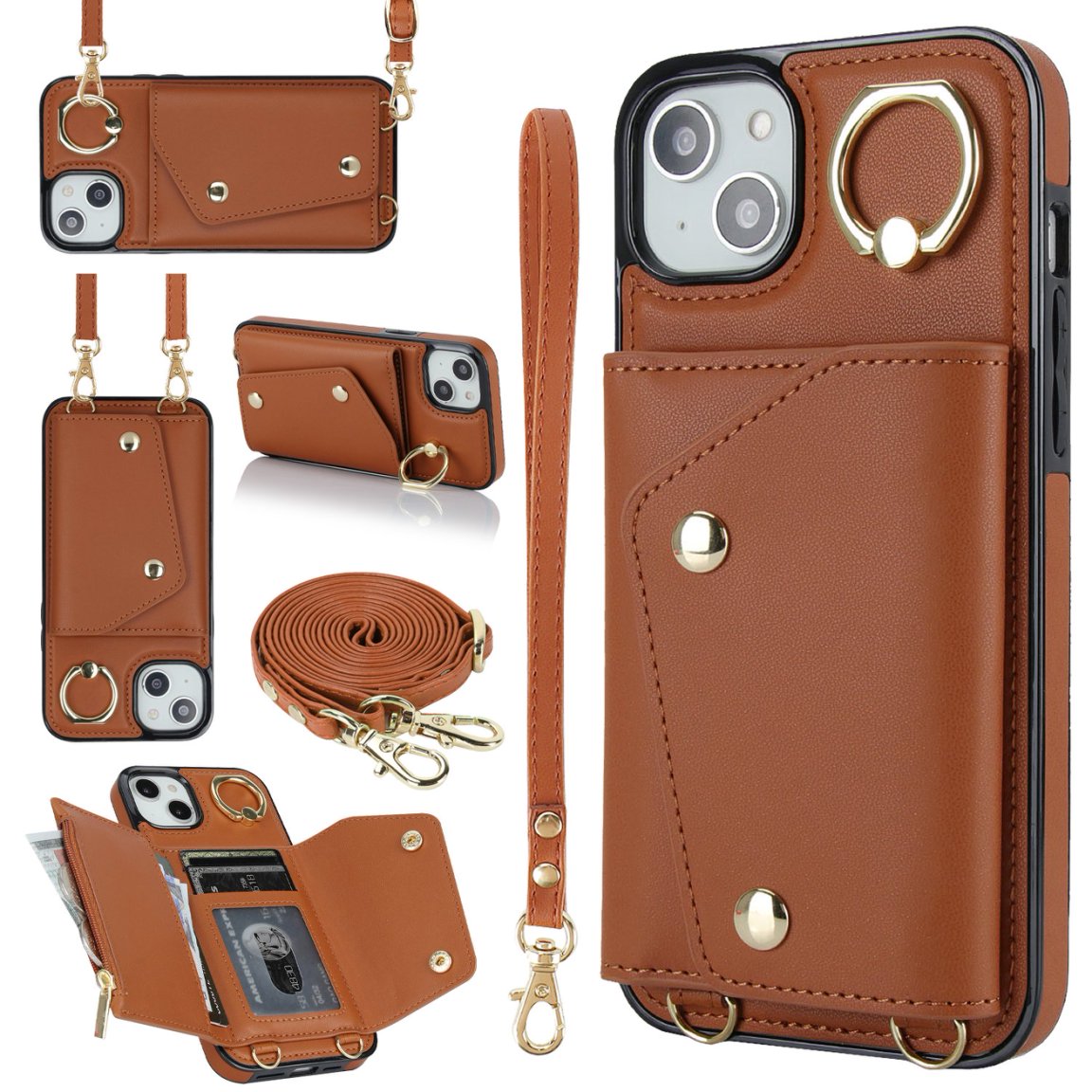 New Crossbody Zipper Wallet with Long and Short Lanyard Leather Phone Case for iPhone