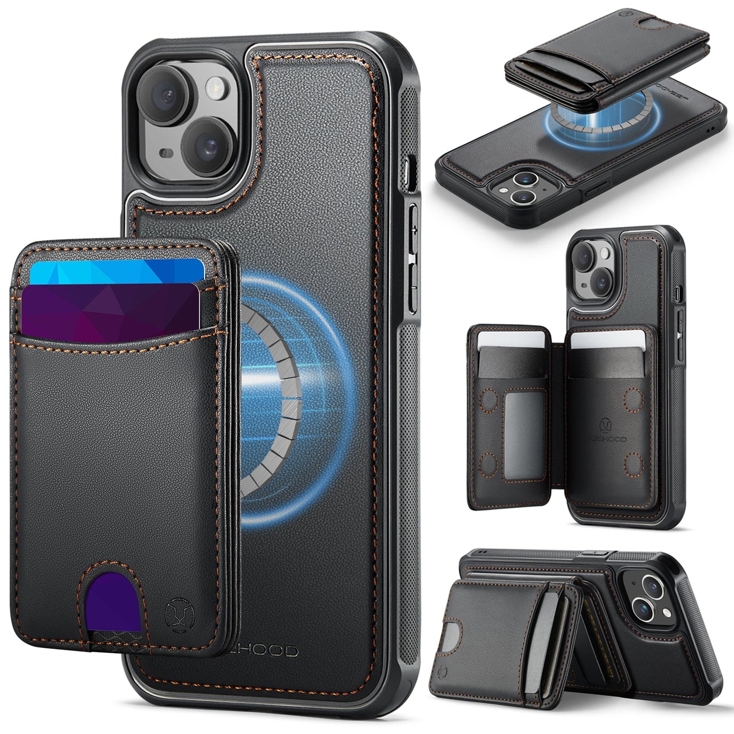 New 2-in-1 RFID Blocking Card Holder Leather Phone Case for iPhone 14 Plus