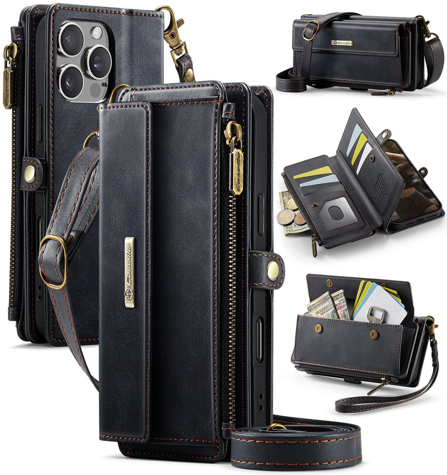 New RFID Blocking Zipper Wallet Supports Wireless Charging with Long and Short Lanyard Leather Phone Case for iPhone