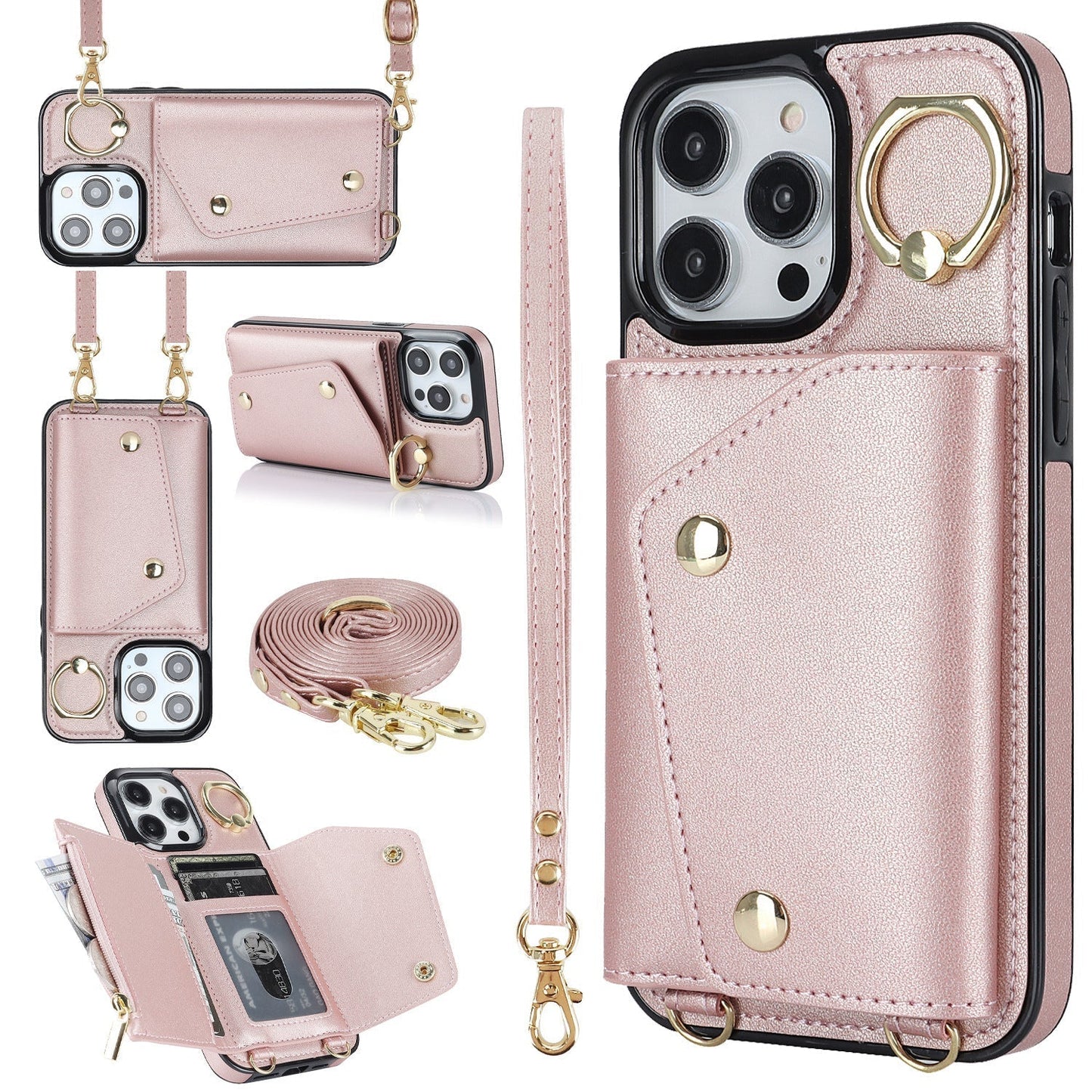 New Crossbody Zipper Wallet with Long and Short Lanyard Leather Phone Case for iPhone