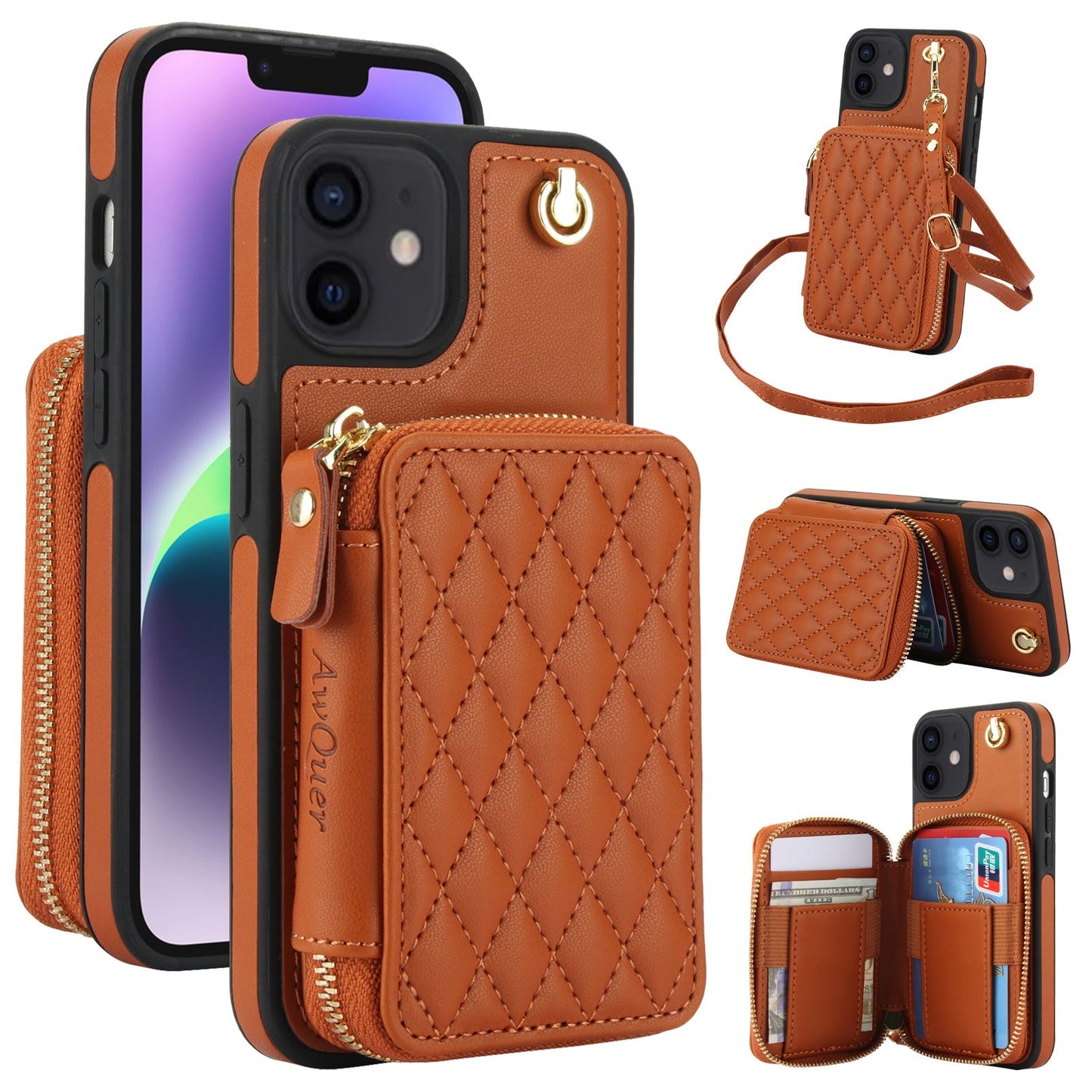 New RFID Blocking Crossbody Zipper Wallet Leather Phone Case for iPhone 12/12 Pro/12 Mini/12 Pro Max