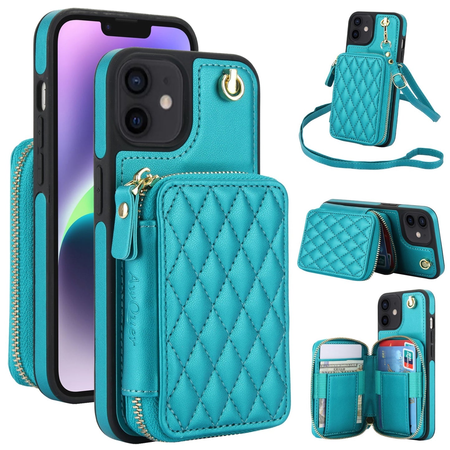 New RFID Blocking Crossbody Zipper Wallet Leather Phone Case for iPhone 12/12 Pro/12 Mini/12 Pro Max