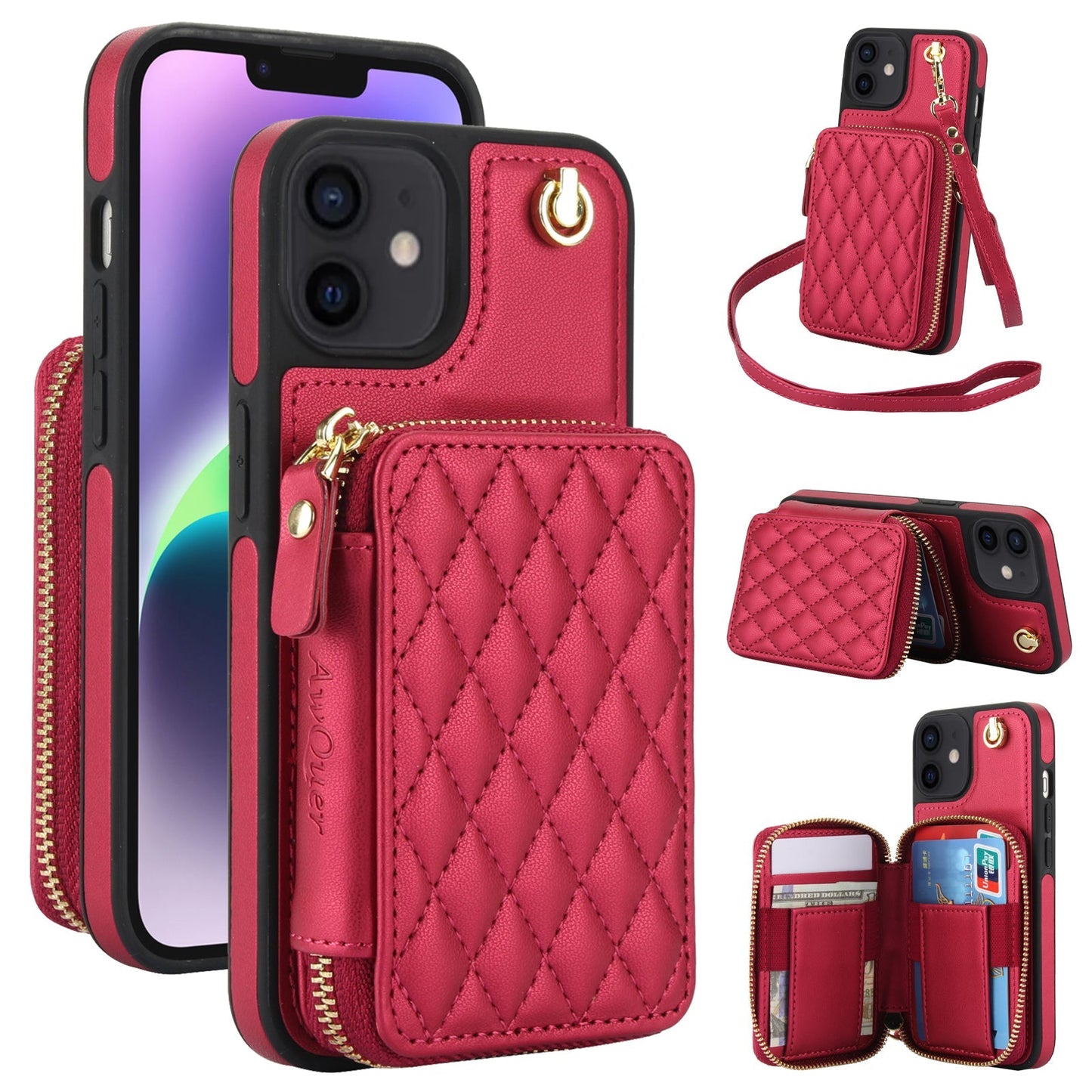 New RFID Blocking Crossbody Zipper Wallet Leather Phone Case for iPhone 12/12 Pro/12 Mini/12 Pro Max