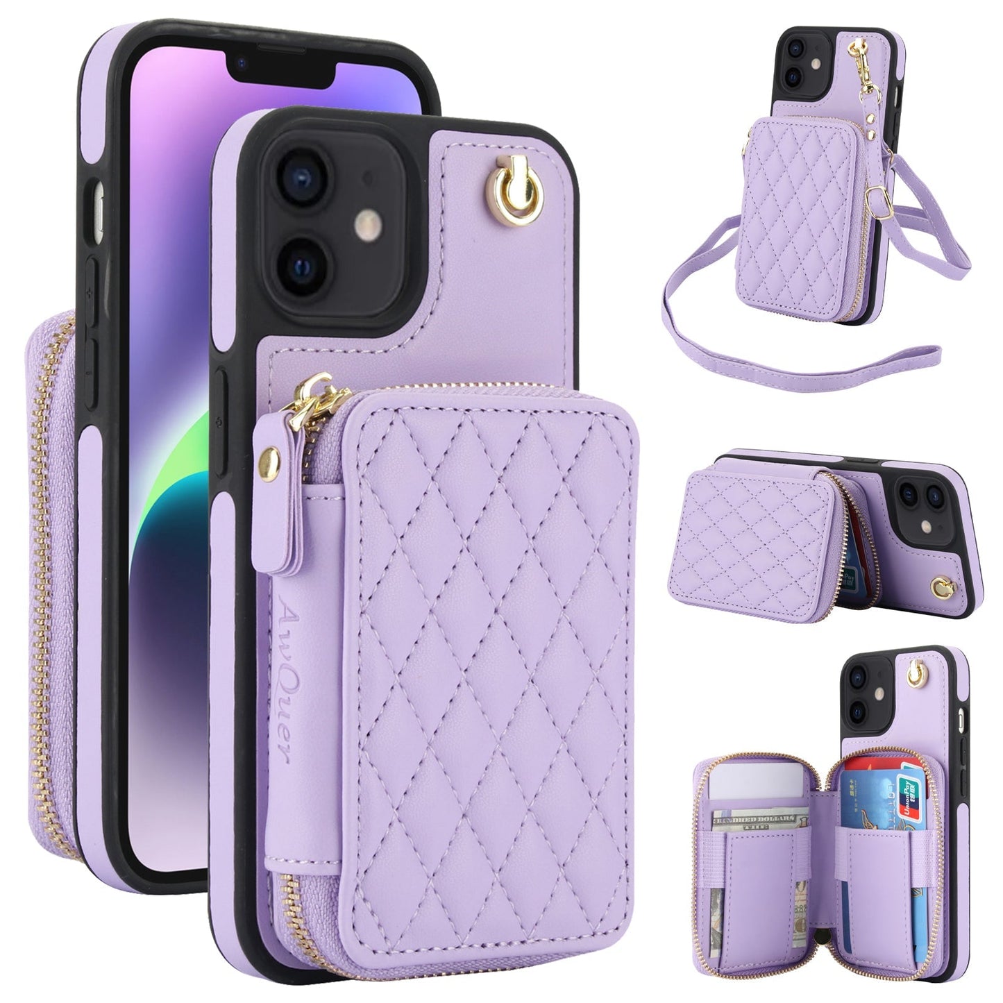 New RFID Blocking Crossbody Zipper Wallet Leather Phone Case for iPhone 12/12 Pro/12 Mini/12 Pro Max