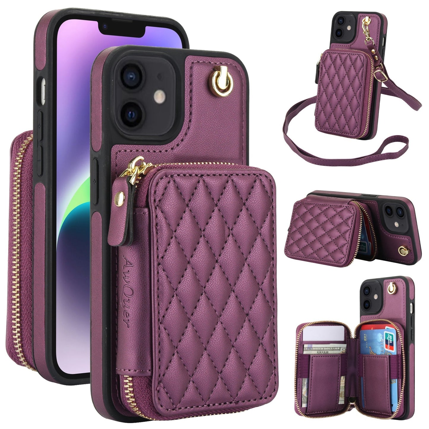 New RFID Blocking Crossbody Zipper Wallet Leather Phone Case for iPhone 12/12 Pro/12 Mini/12 Pro Max