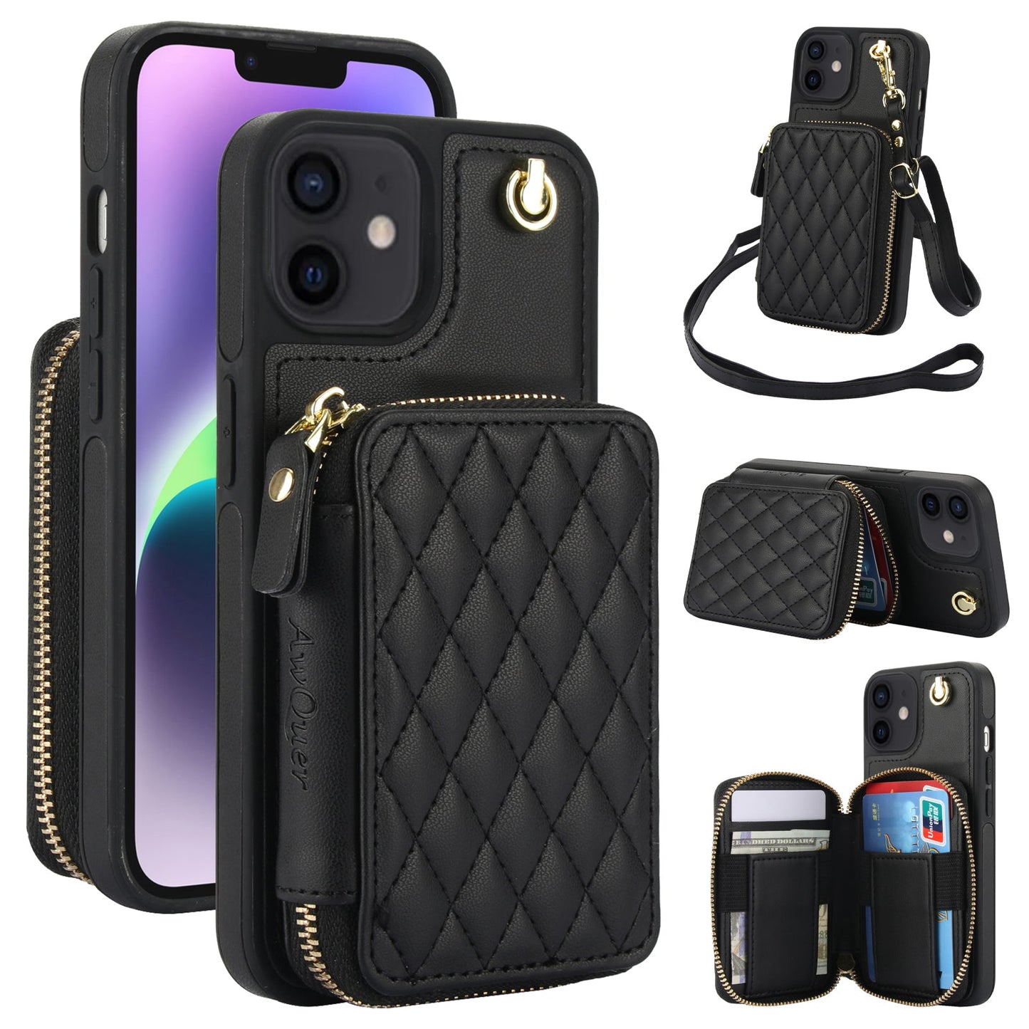 New RFID Blocking Crossbody Zipper Wallet Leather Phone Case for iPhone 12/12 Pro/12 Mini/12 Pro Max