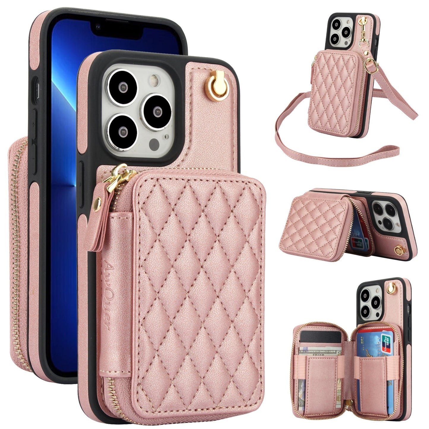 New RFID Blocking Crossbody Zipper Wallet Leather Phone Case for iPhone