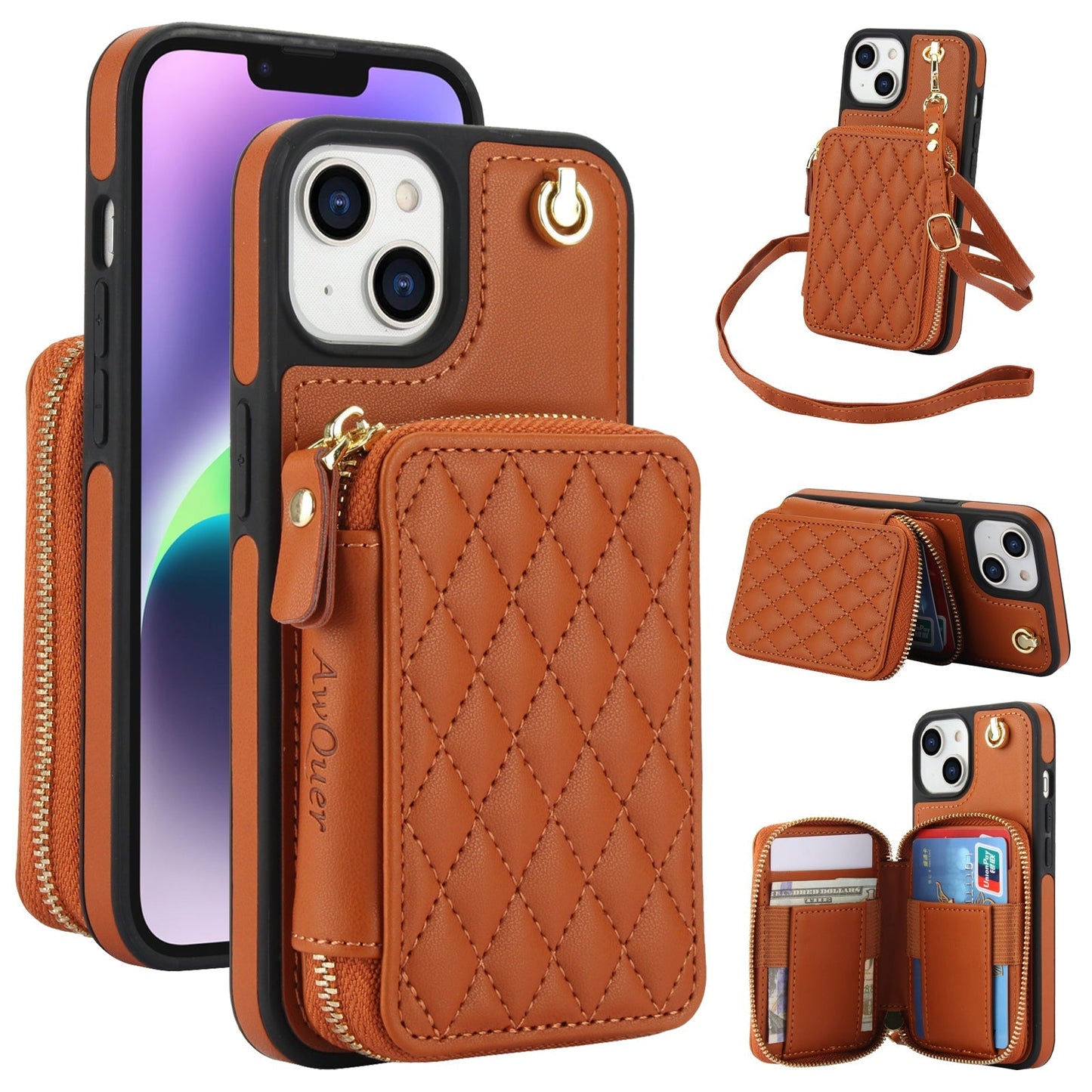 New RFID Blocking Crossbody Zipper Wallet Leather Phone Case for iPhone