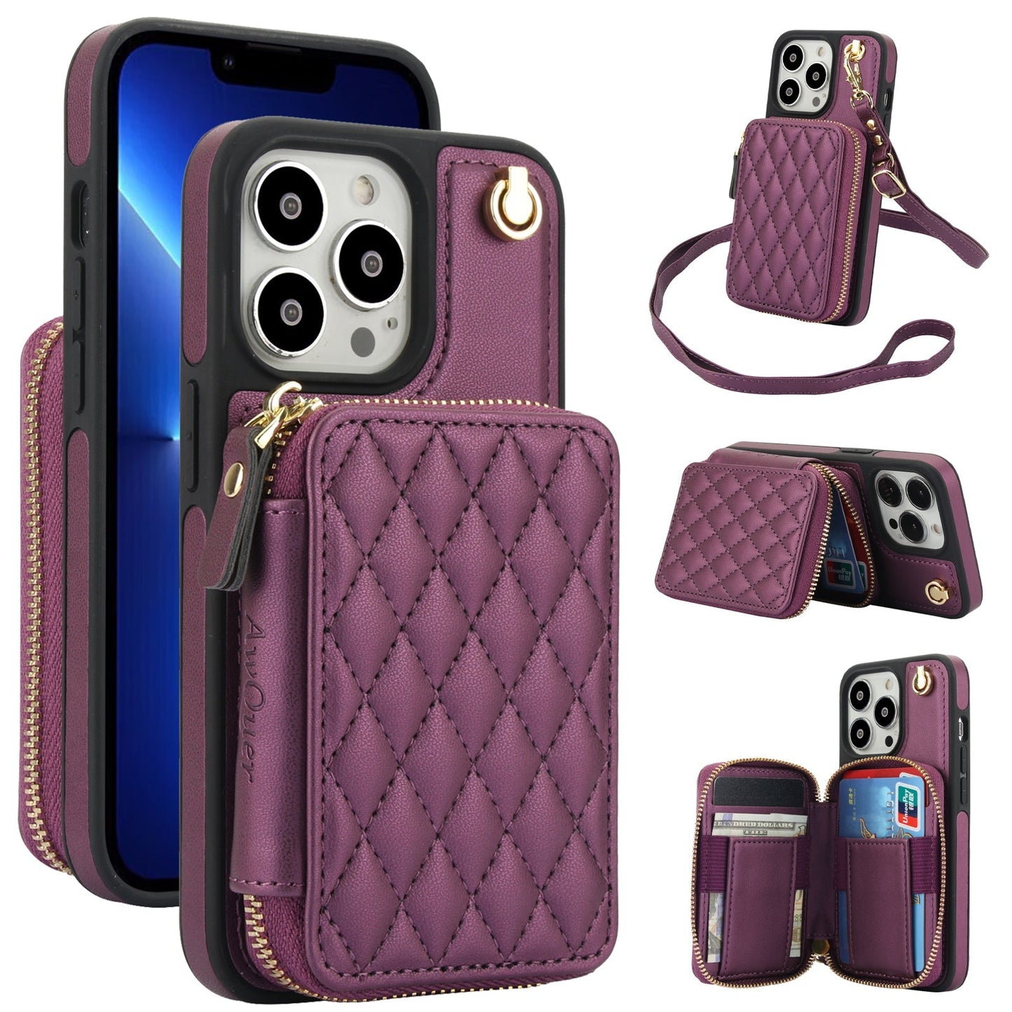 New RFID Blocking Crossbody Zipper Wallet Leather Phone Case for iPhone