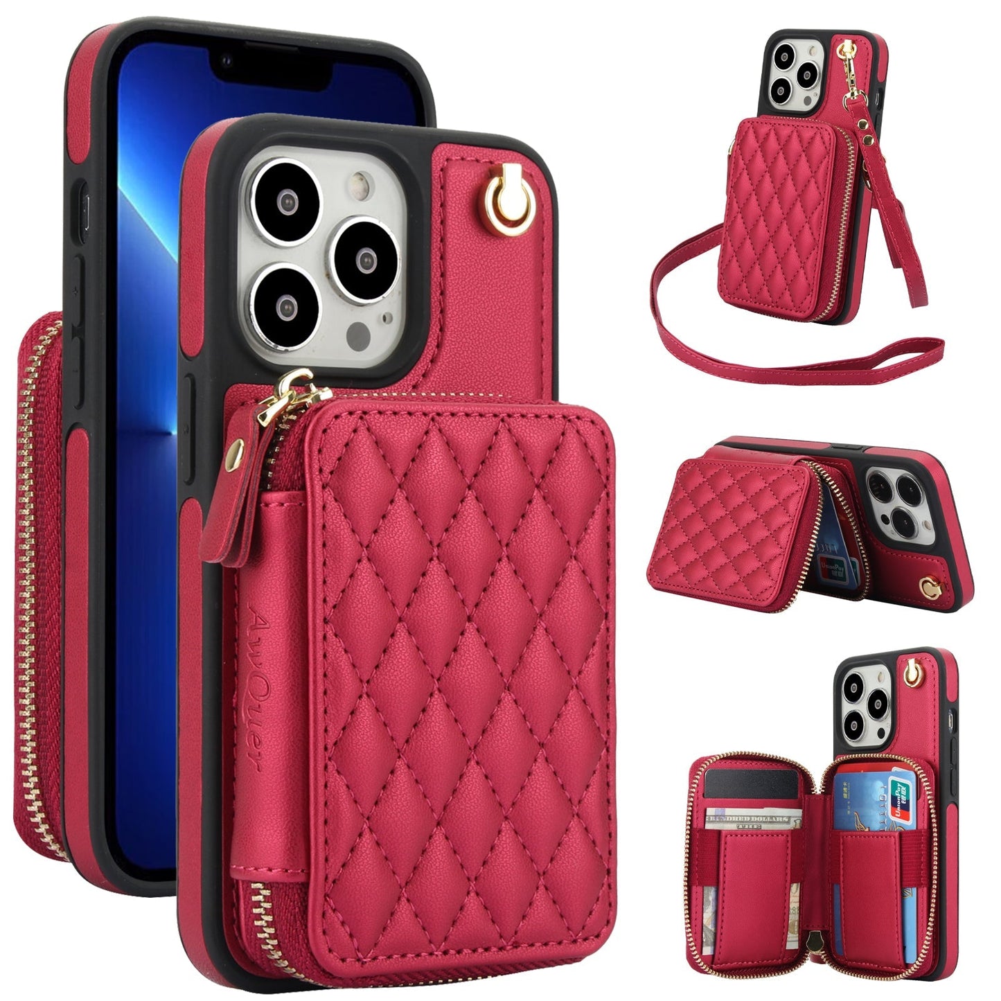 New RFID Blocking Crossbody Zipper Wallet Leather Phone Case for iPhone