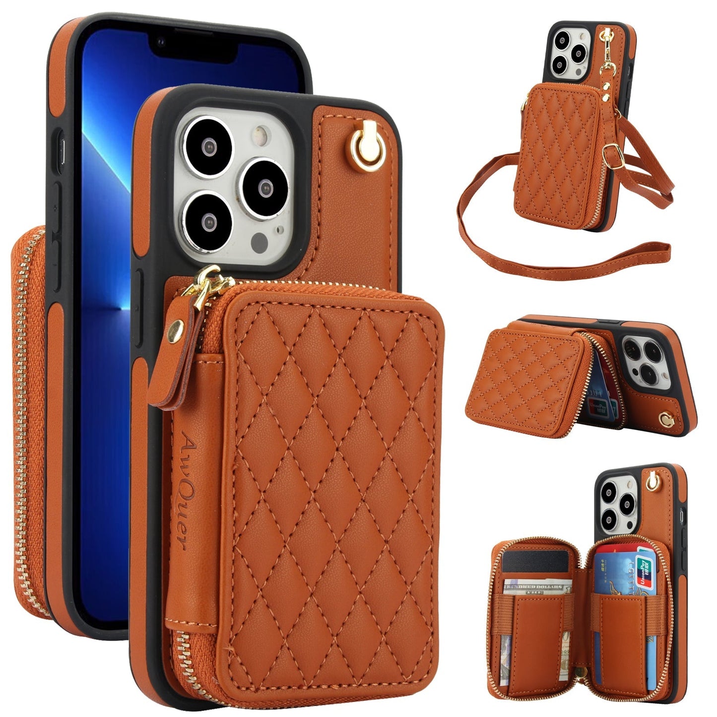 New RFID Blocking Crossbody Zipper Wallet Leather Phone Case for iPhone