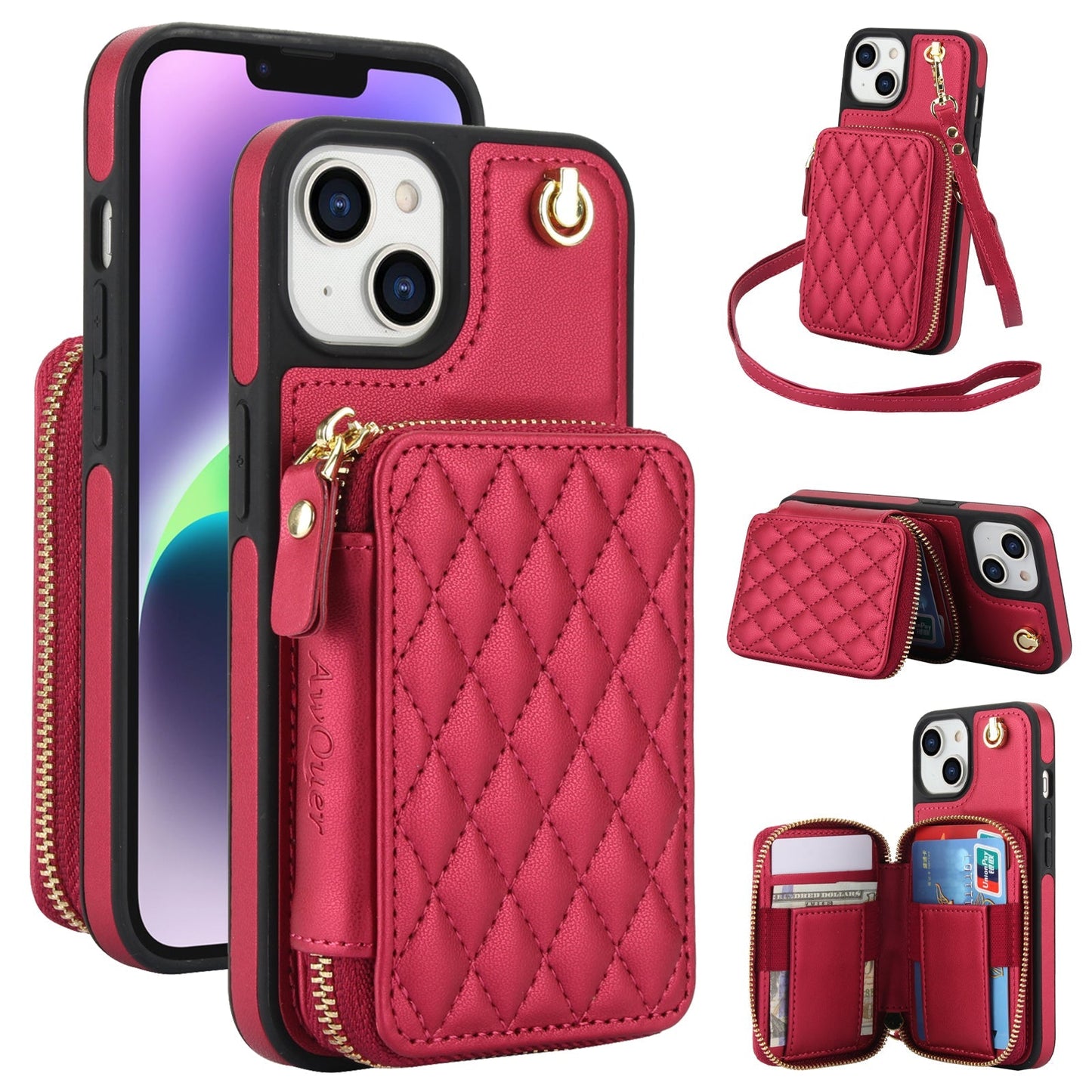 New RFID Blocking Crossbody Zipper Wallet Leather Phone Case for iPhone