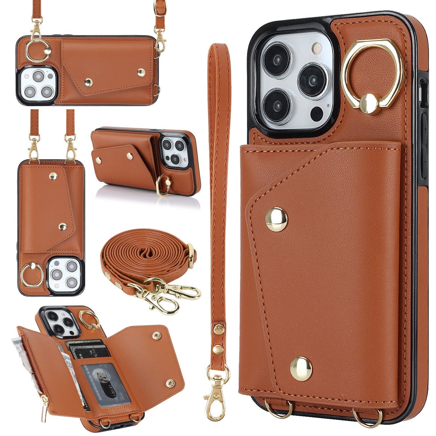 New Crossbody Zipper Wallet with Long and Short Lanyard Leather Phone Case for iPhone