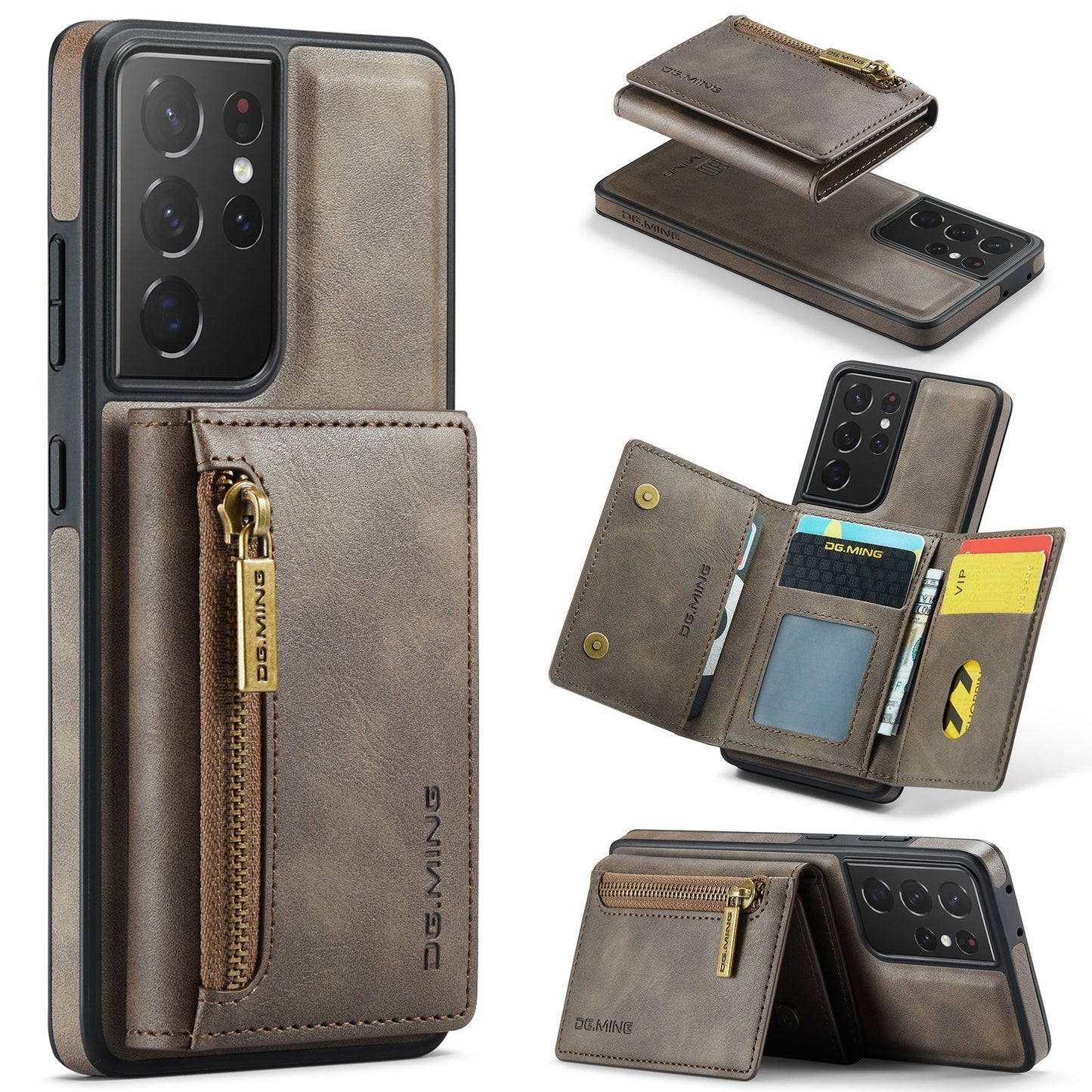 New 2-IN-1 RFID Blocking Zipper Wallet Card Holder Leather Phone Case for Samsung