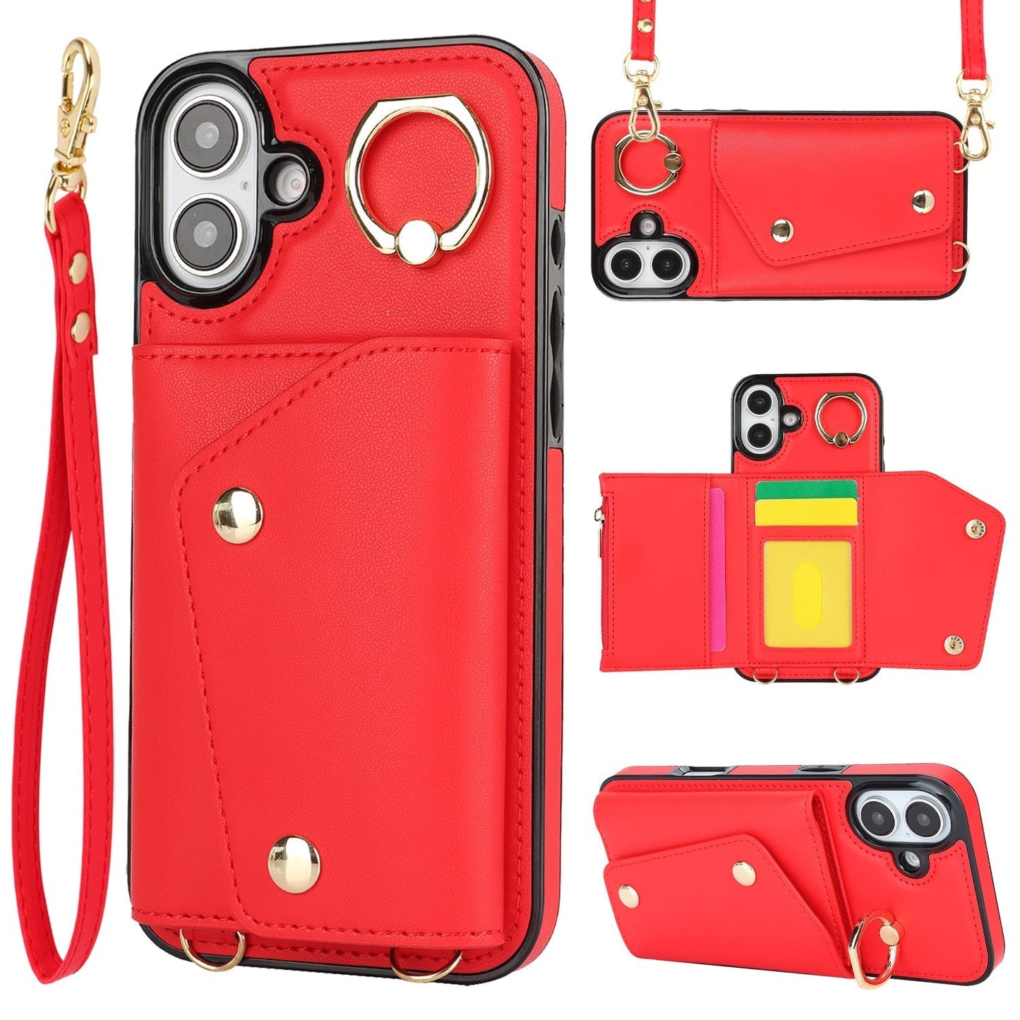 New Crossbody Zipper Wallet with Long and Short Lanyard Leather Phone Case for iPhone