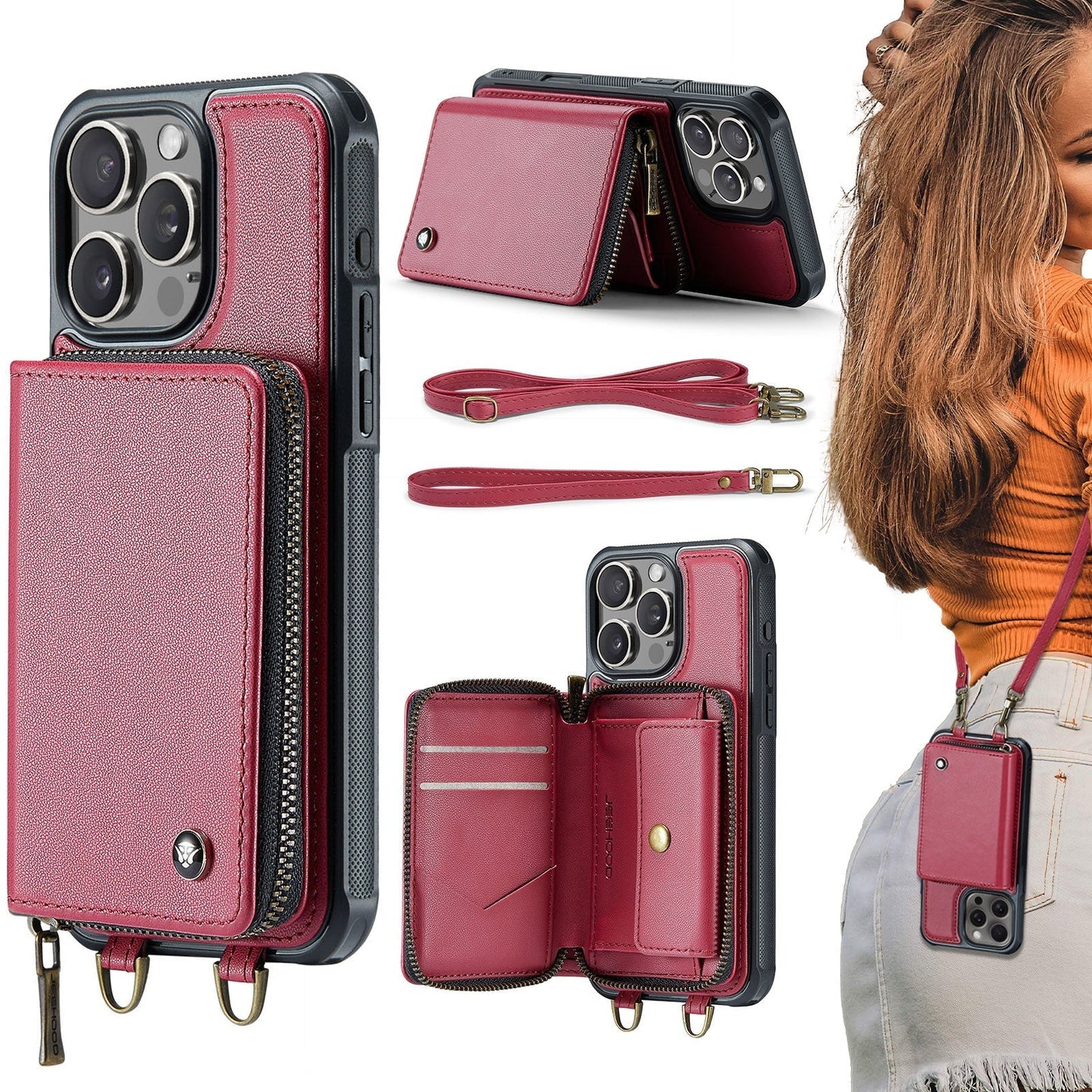 New RFID Blocking Crossbody Zipper Wallet Leather Phone Case for iPhone