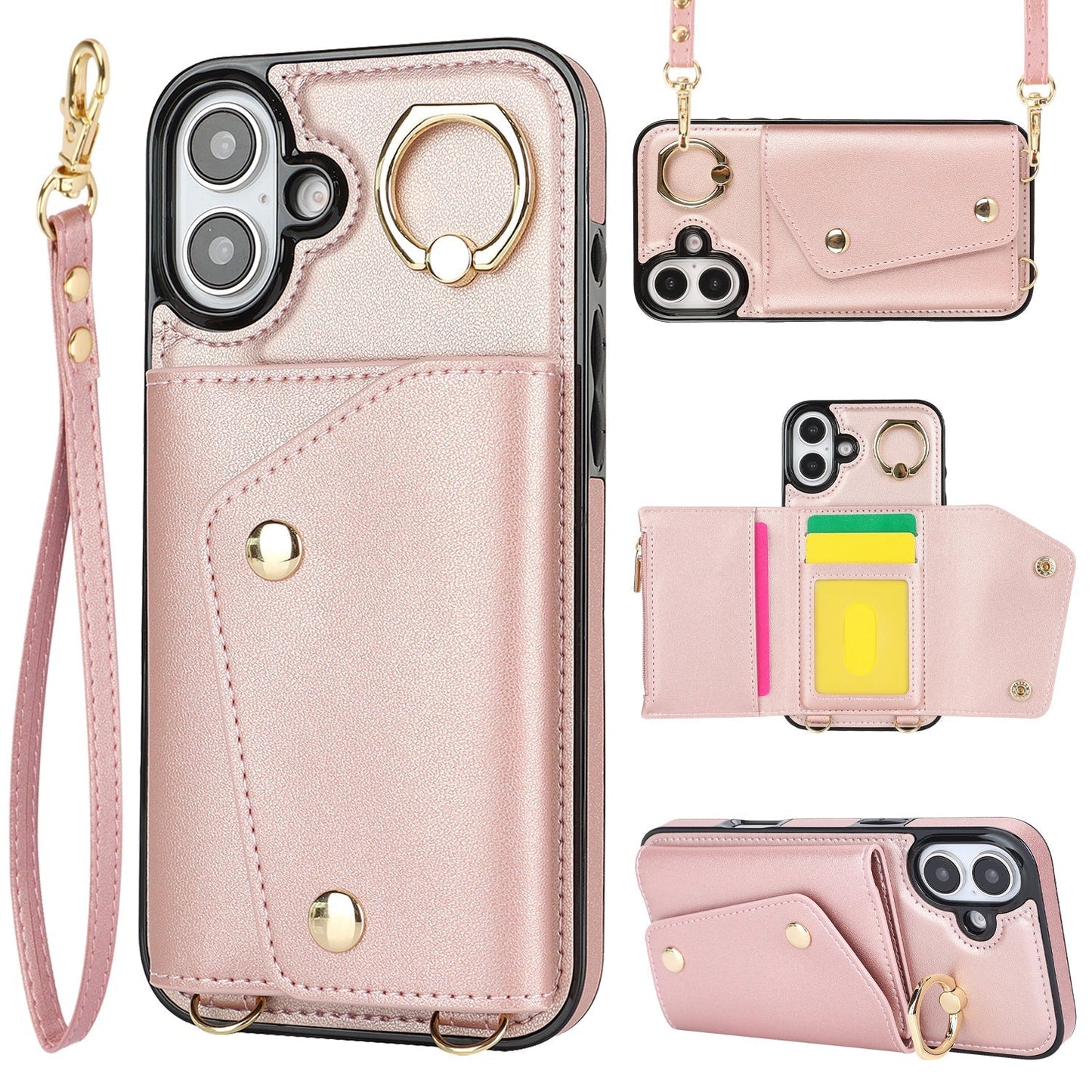 New Crossbody Zipper Wallet with Long and Short Lanyard Leather Phone Case for iPhone