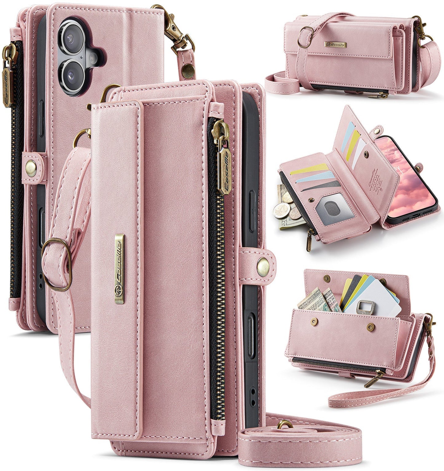 New RFID Blocking Zipper Wallet Supports Wireless Charging with Long and Short Lanyard Leather Phone Case for iPhone