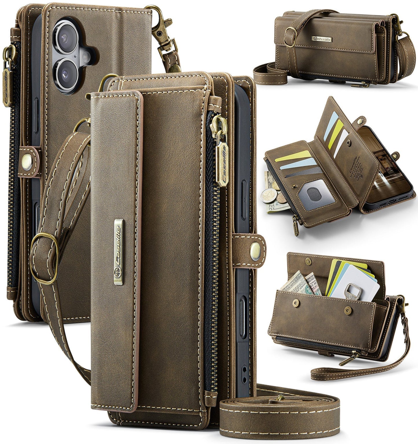 New RFID Blocking Zipper Wallet Supports Wireless Charging with Long and Short Lanyard Leather Phone Case for iPhone