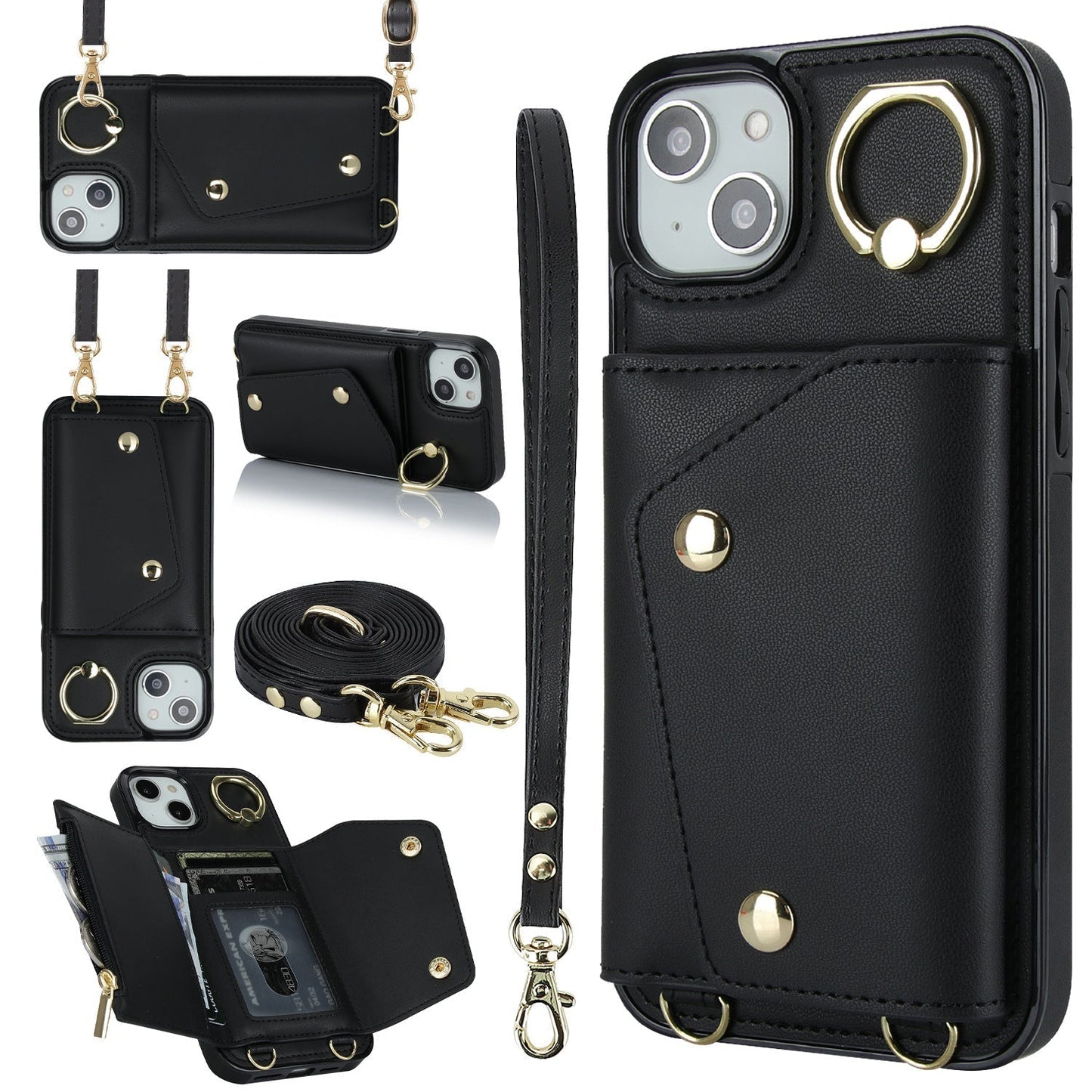 New Crossbody Zipper Wallet with Long and Short Lanyard Leather Phone Case for iPhone
