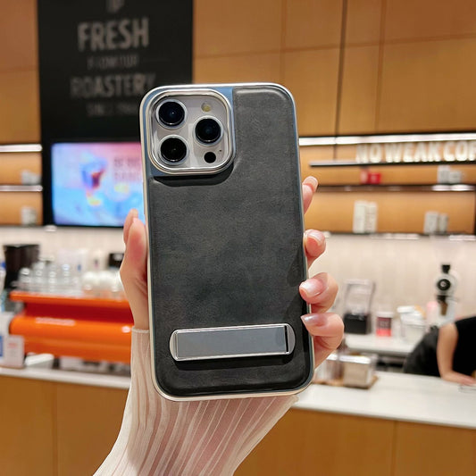 New Electroplating Metal Bracket Leather Phone Case for iPhone