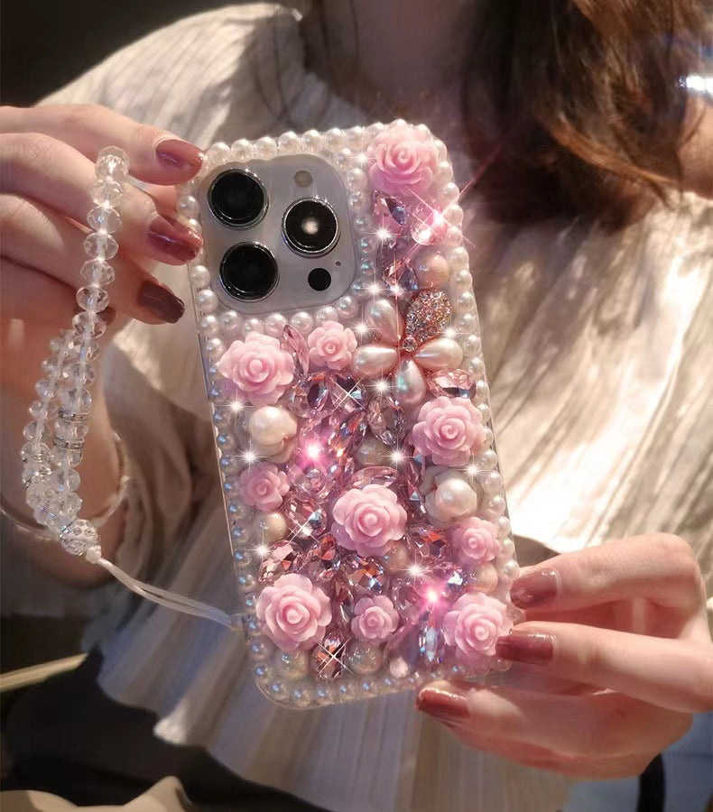 New Bling Rhinestone Pearl Flower Phone Case for iPhone 16/16 Pro/16 Plus/16 Pro Max