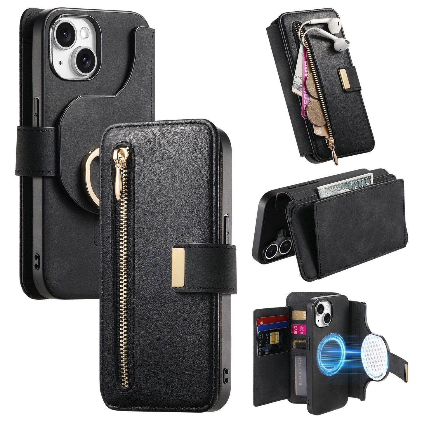 New RFID Blocking Zipper Wallet Magnetic Leather Phone Case for iPhone