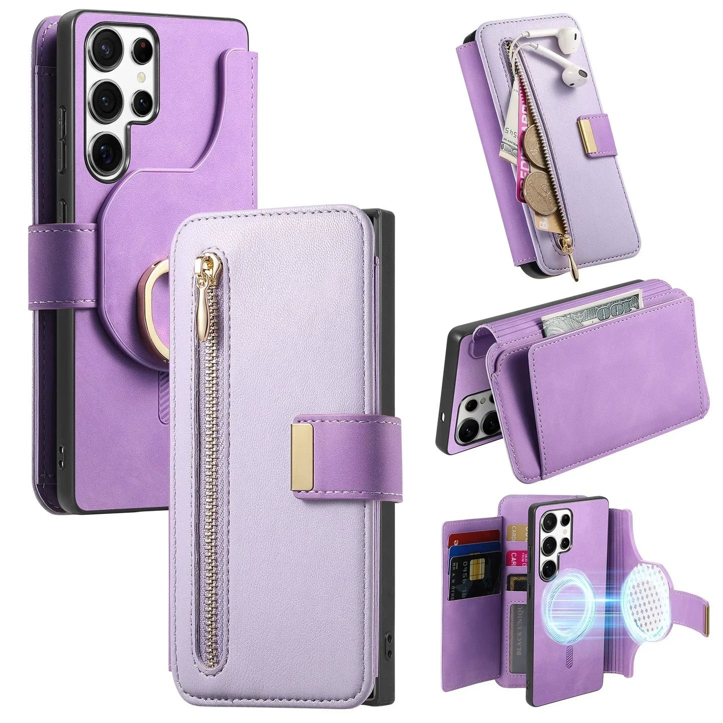 New RFID Blocking Zipper Wallet Magnetic Leather Phone Case for Samsung