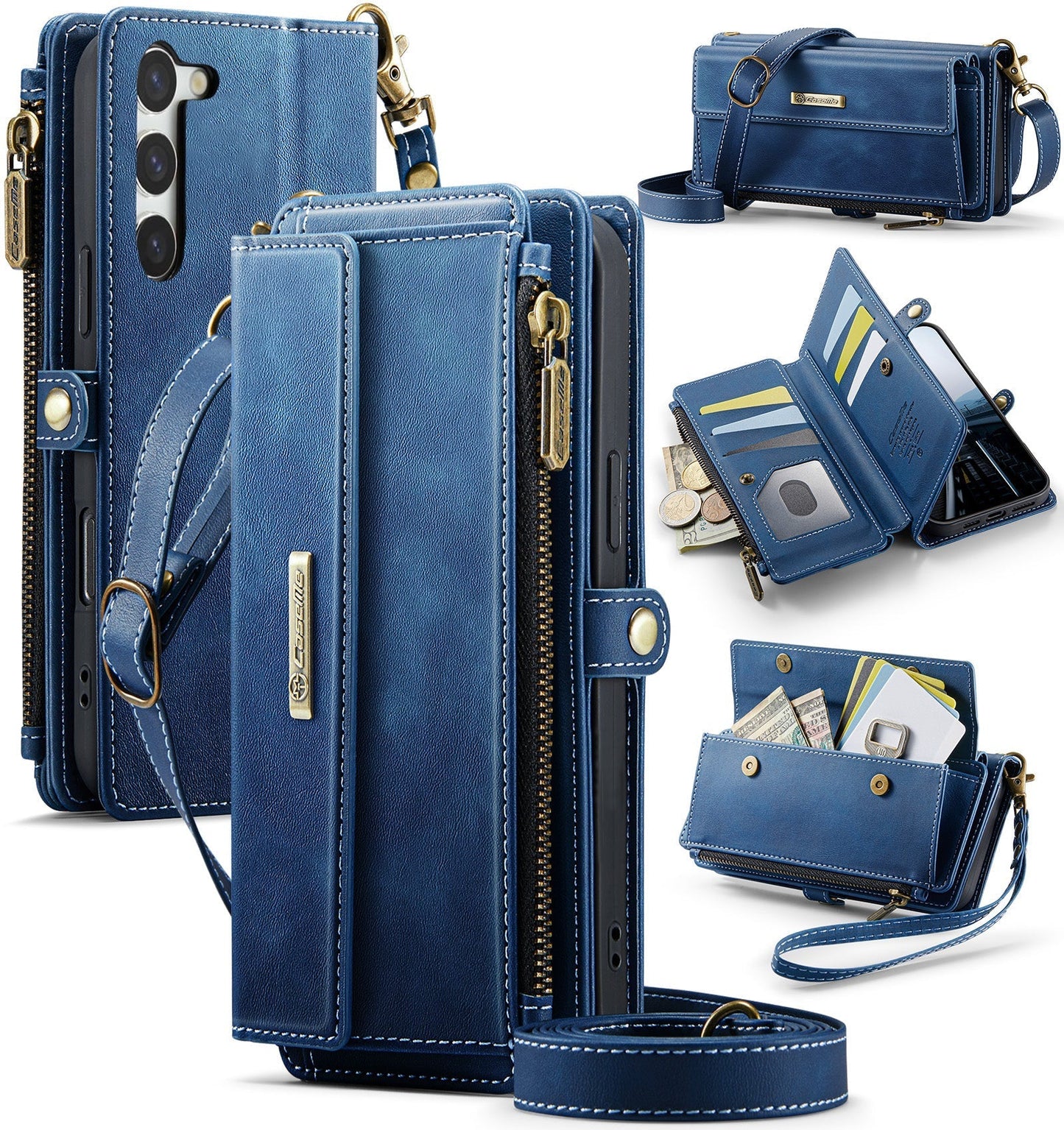 New RFID Blocking Zipper Wallet Supports Wireless Charging with Long and Short Lanyard Leather Phone Case for Samsung