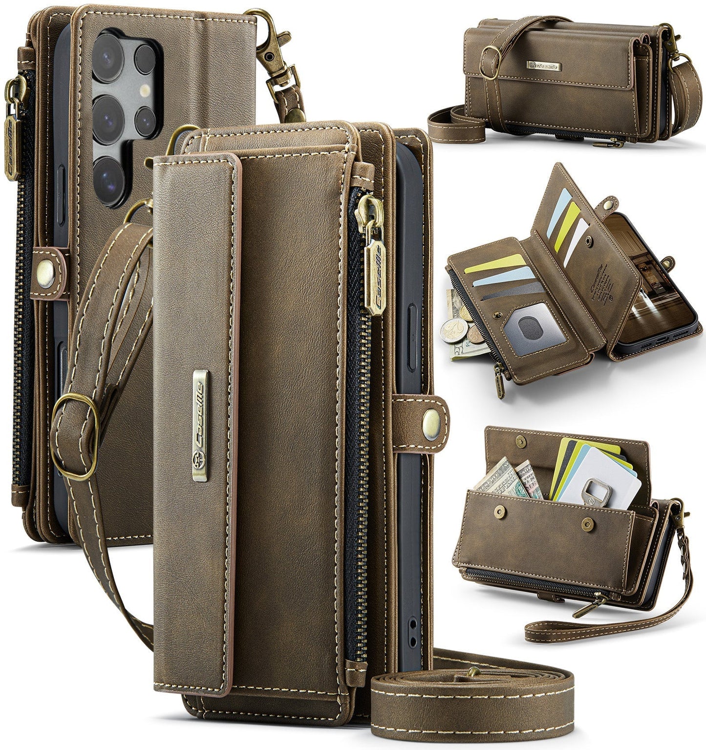 New RFID Blocking Zipper Wallet Supports Wireless Charging with Long and Short Lanyard Leather Phone Case for Samsung