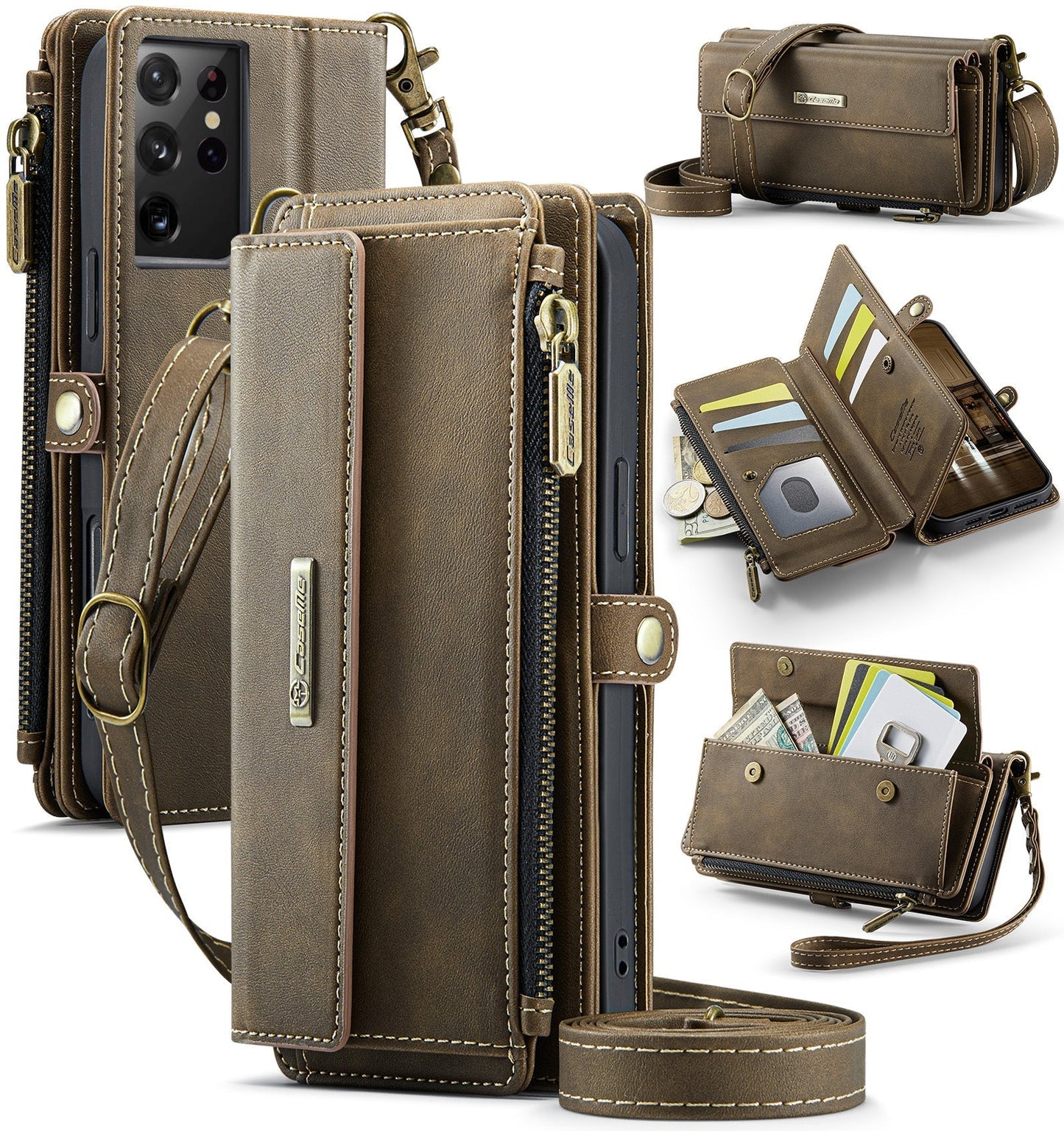 New RFID Blocking Zipper Wallet Supports Wireless Charging with Long and Short Lanyard Leather Phone Case for Samsung