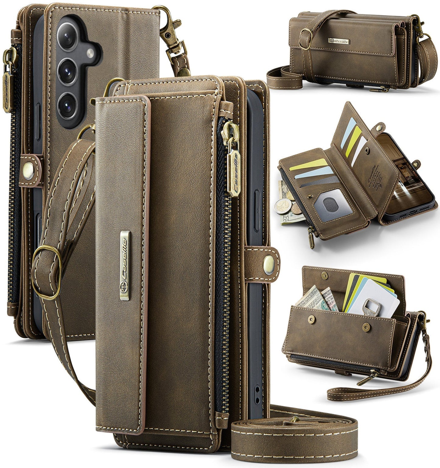 New RFID Blocking Zipper Wallet Supports Wireless Charging with Long and Short Lanyard Leather Phone Case for Samsung