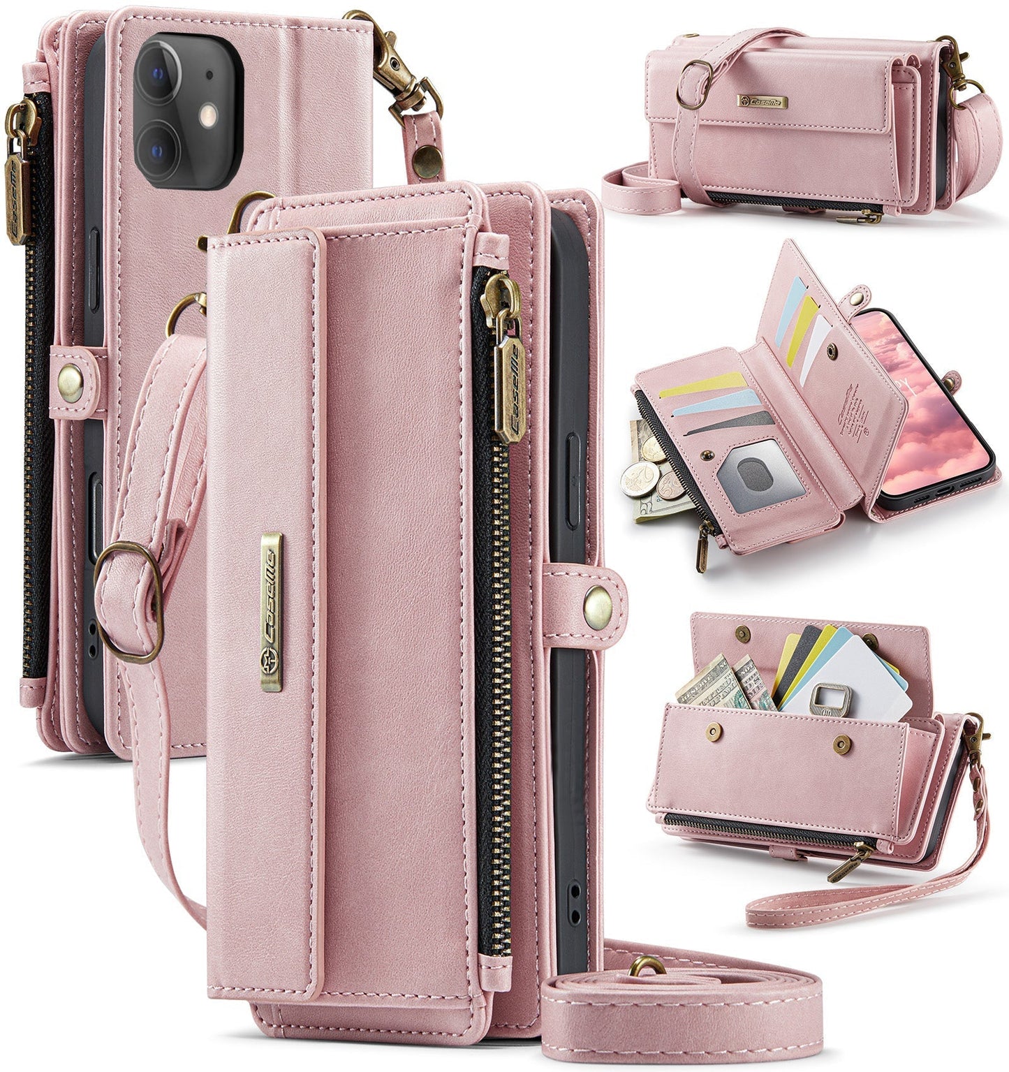 New RFID Blocking Zipper Wallet Supports Wireless Charging with Long and Short Lanyard Leather Phone Case for iPhone