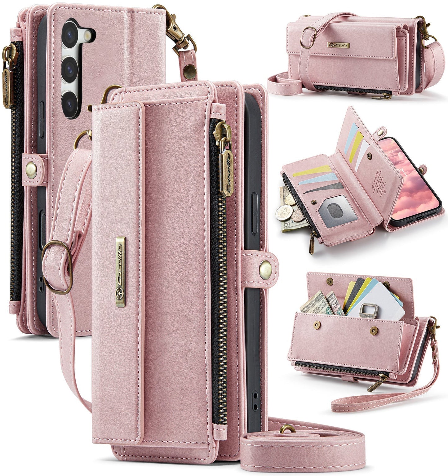 New RFID Blocking Zipper Wallet Supports Wireless Charging with Long and Short Lanyard Leather Phone Case for Samsung