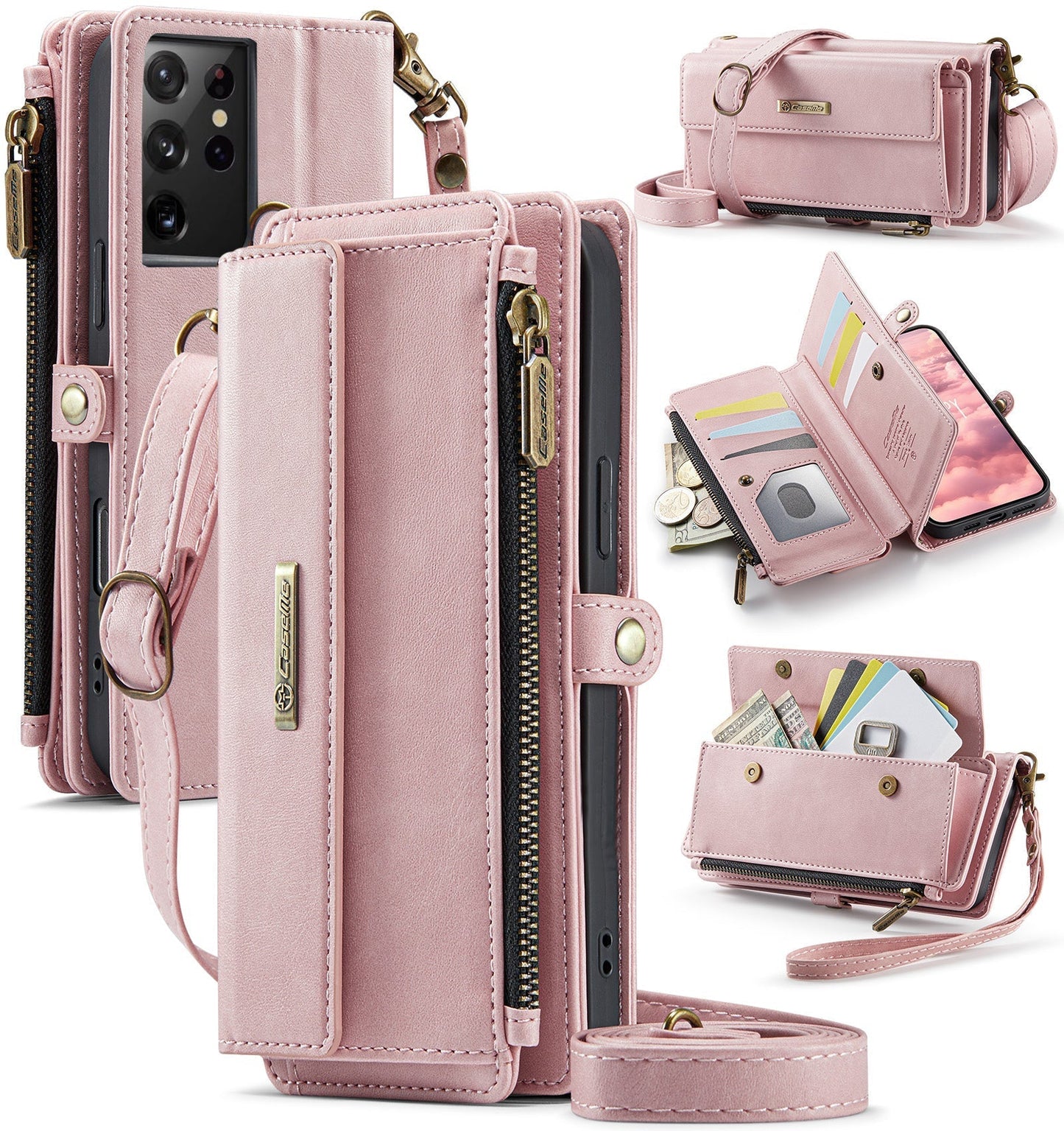 New RFID Blocking Zipper Wallet Supports Wireless Charging with Long and Short Lanyard Leather Phone Case for Samsung