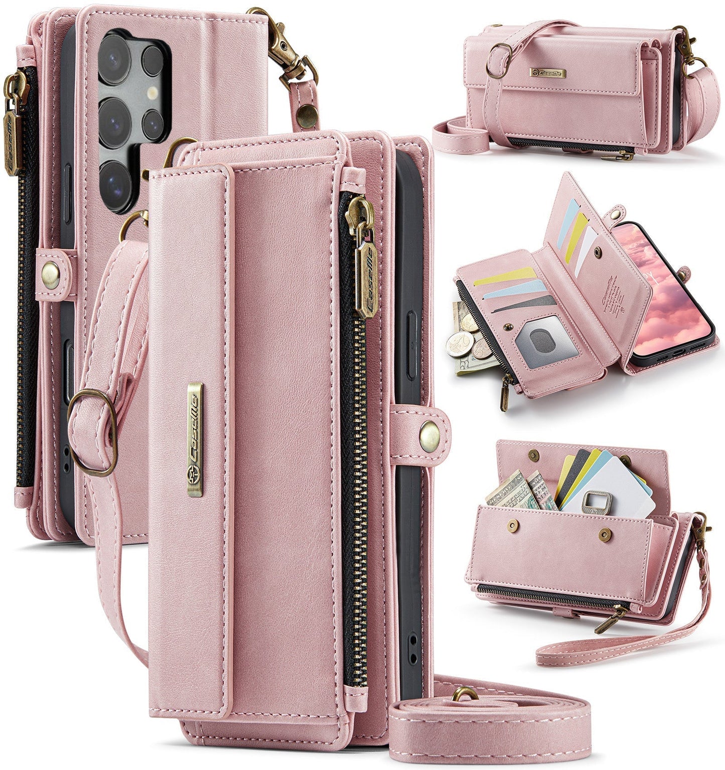 New RFID Blocking Zipper Wallet Supports Wireless Charging with Long and Short Lanyard Leather Phone Case for Samsung