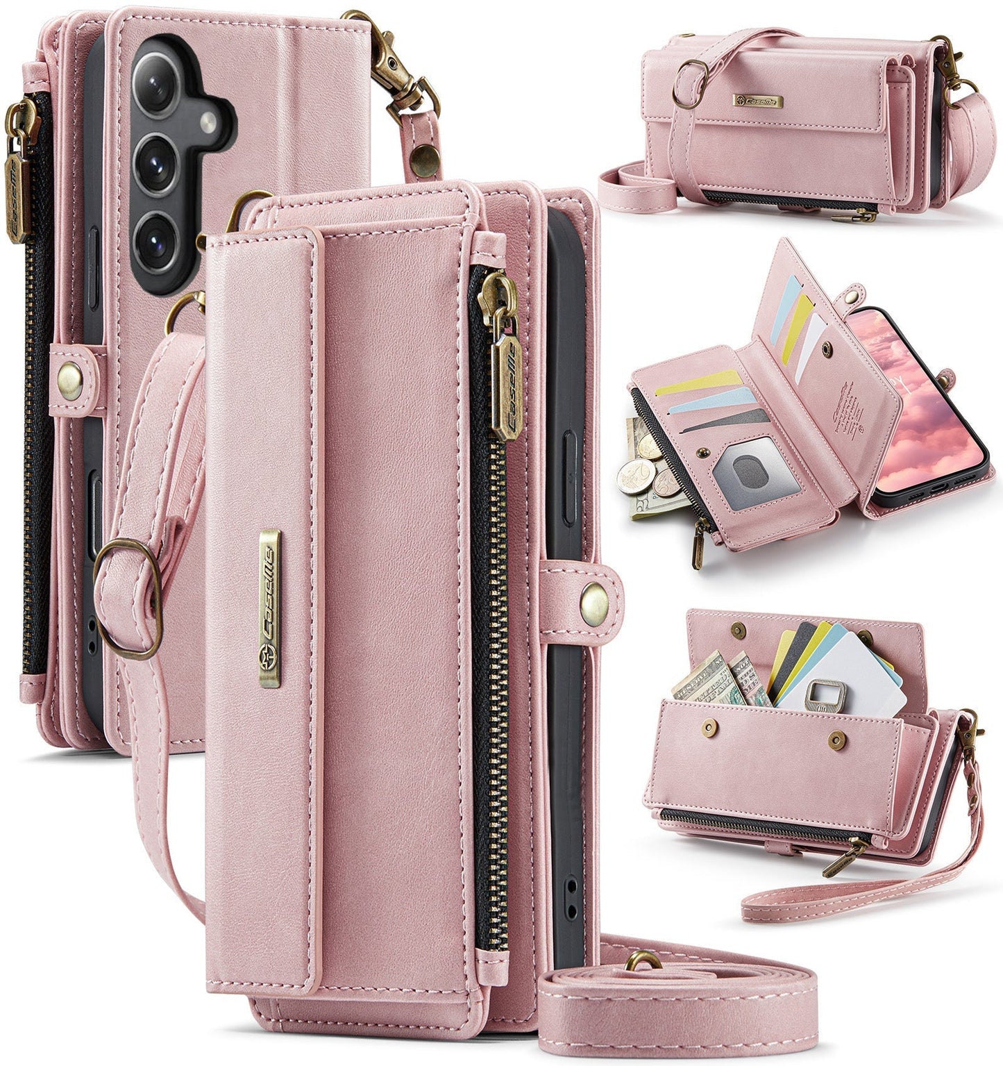 New RFID Blocking Zipper Wallet Supports Wireless Charging with Long and Short Lanyard Leather Phone Case for Samsung