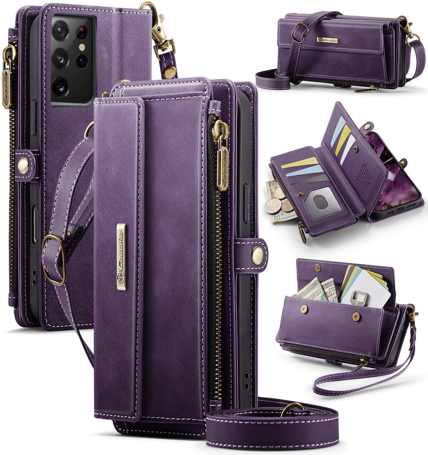 New RFID Blocking Zipper Wallet Supports Wireless Charging with Long and Short Lanyard Leather Phone Case for Samsung